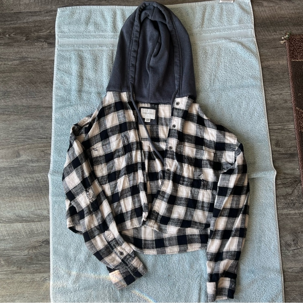 American Eagle Distressed Flannel Hoodie